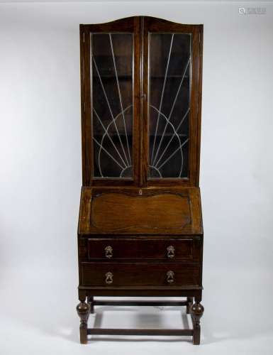 Oak display cabinet with secretaire and 2 doors with stained...