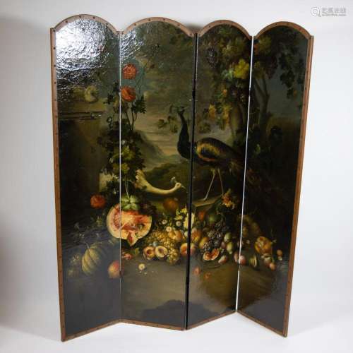 Very fine hand-painted paravent decor of peacocks, fruit and...