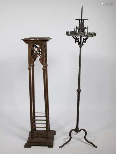 Neo-gothic pied de stalle and candlestick in wrought iron (1...