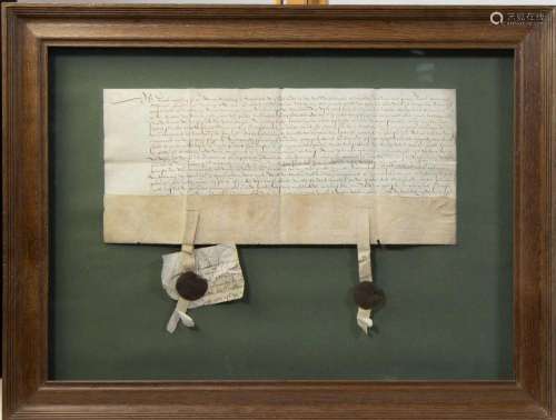 Old parchment with 2 seals dated 1578, framed