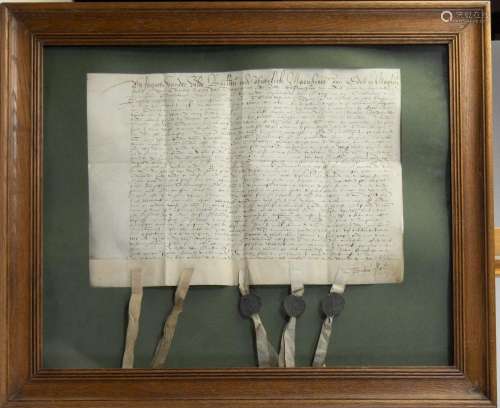 Old parchment with 2 seals dated 1578, framed