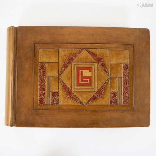 Art Deco leather book with geometric refief on the cover, Cu...