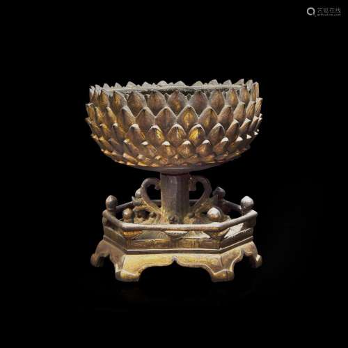A Chinese gilt bronze lotus-form pedestal stand 铜鎏金莲花座...