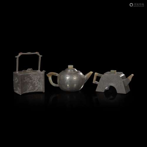 A group of three Chinese jade-mounted pewter teapots 嵌玉锡包...