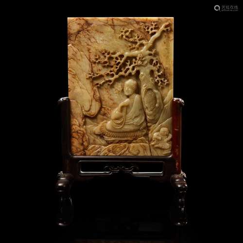 A Chinese carved beige jade table screen 浮雕玉插屏