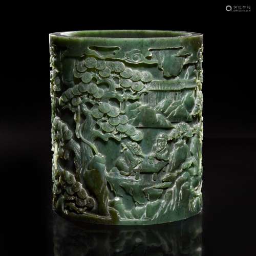 A large Chinese carved spinach jade brush pot 菠菜绿玉大笔筒