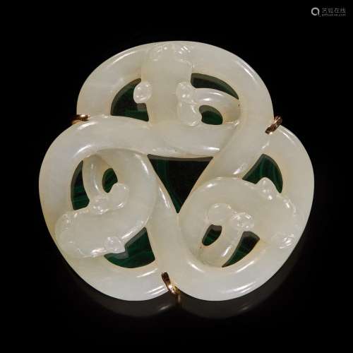 A Chinese white jade "three qilong" pendant 三螭龙...