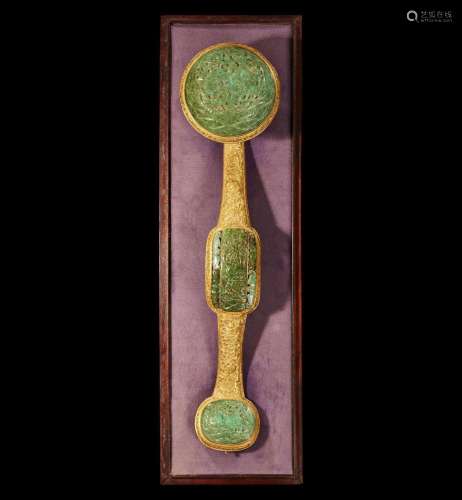 A Chinese jadeite mounted gilt bronze ruyi scepter and wood ...