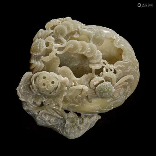 A Chinese carved greyish jade "Lotus, Crab and Fish&quo...