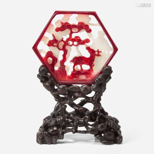 An unusual small Chinese ruby-overlay glass table screen wit...