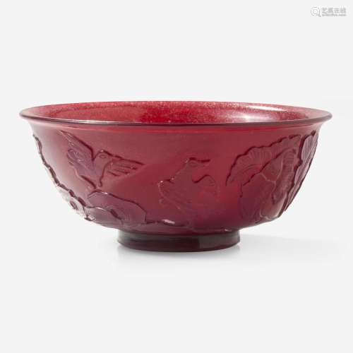 A Chinese carved ruby glass bowl with wood stand 红琉璃碗配木...
