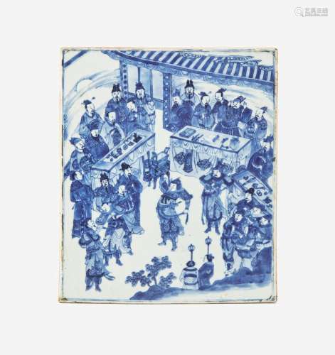 A Chinese blue and white porcelain figural plaque 青花人物故...