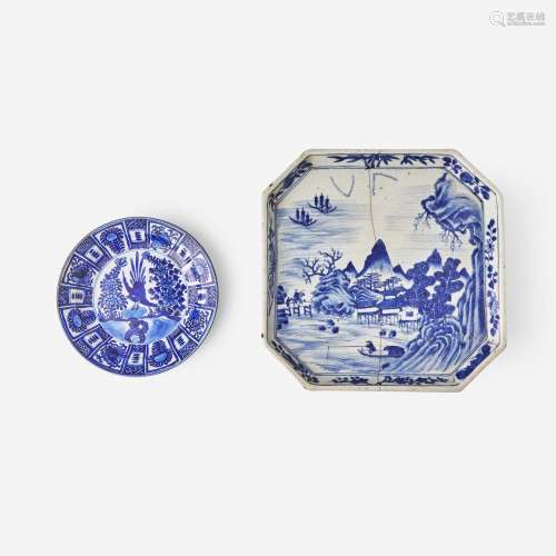 A Kraak style dish and an unusual blue and white stand 克拉克...