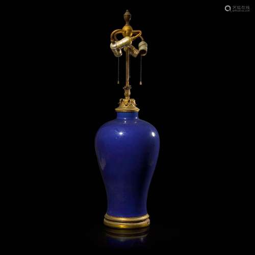 A large blue-glazed vase, meiping, with fine ormolu lamp mou...