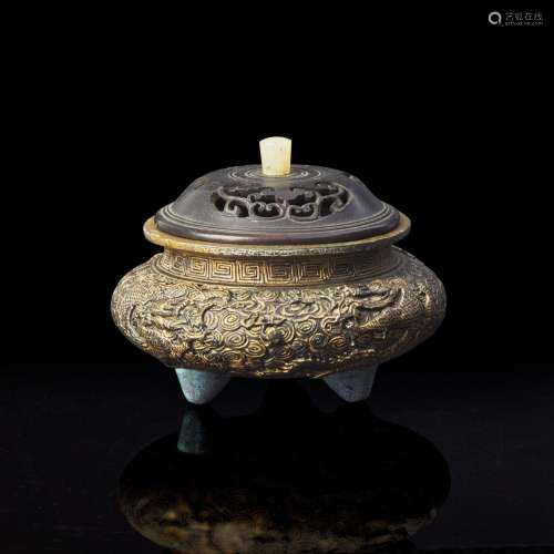 An unusual Chinese faux bronze modeled porcelain censer with...