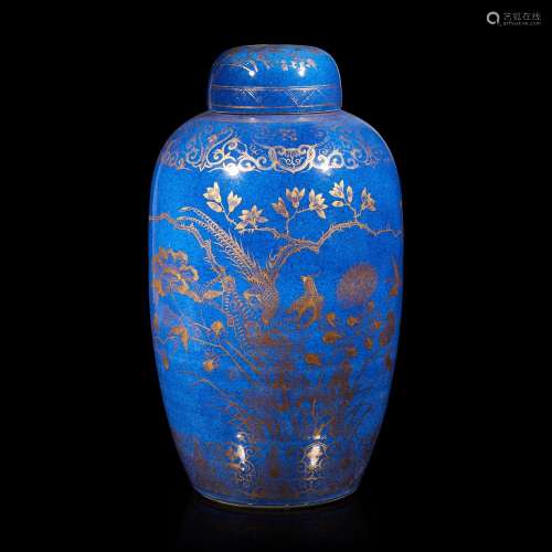 A Chinese powder blue and gilt decorated ovoid jar and cover...