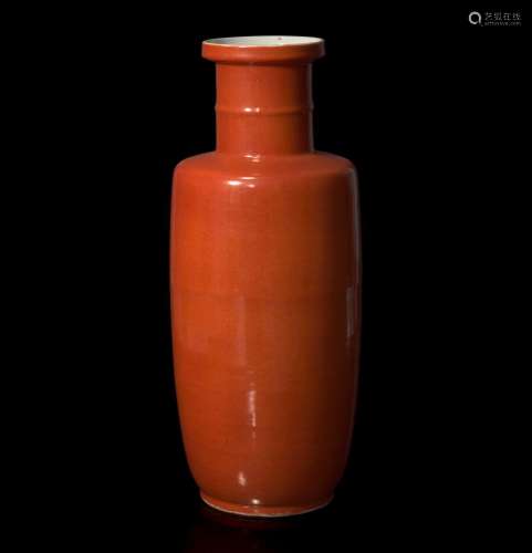 A Chinese coral ground rouleau vase 珊瑚地棒槌瓶