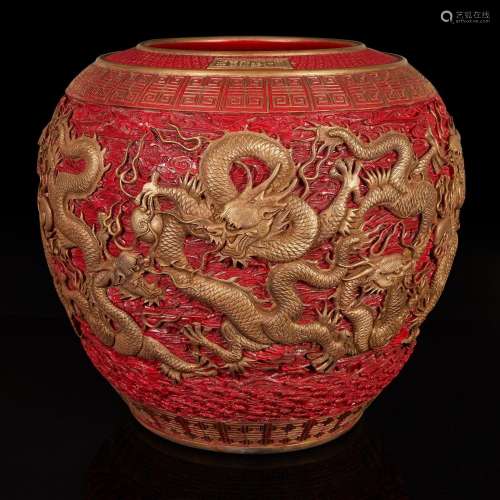A massive Chinese faux cinnabar lacquer modeled porcelain &q...
