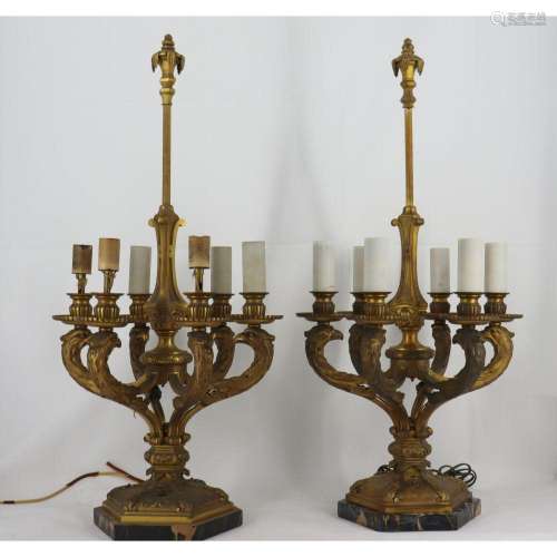 Maison Bagues Signed Pr Of Bronze Candlebra Lamps.