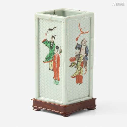 A Chinese famille verte decorated losenge section brush pot ...