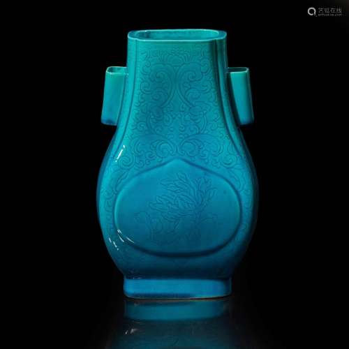 A Chinese turquoise-glazed floral-incised porcelain vase, Fa...