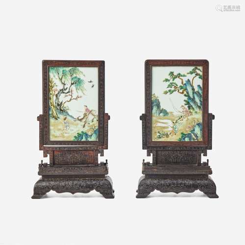 A pair of Chinese porcelain plaques with silver wire-inlaid ...