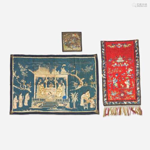 A group of three Chinese embroidered silk textiles 刺绣一组三...