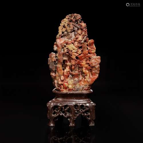 A Chinese carved variegated soapstone mountain with sages 寿...