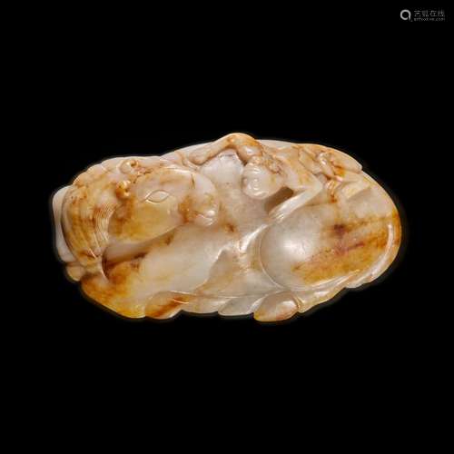 A Chinese beige and russet jade "Horse and Monkey"...