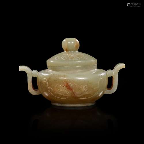 A Chinese greyish celadon small censer and cover 灰青玉带小香...