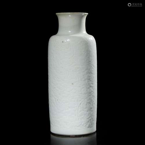 A Chinese carved white porcelain sleeve vase 白瓷刻划花灯笼瓶...