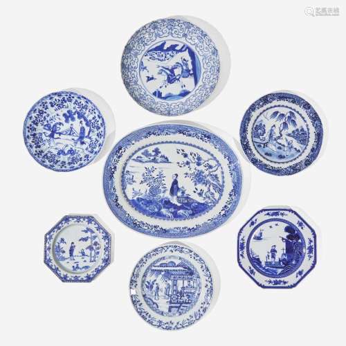 Seven assorted Chinese export blue and white porcelain dishe...