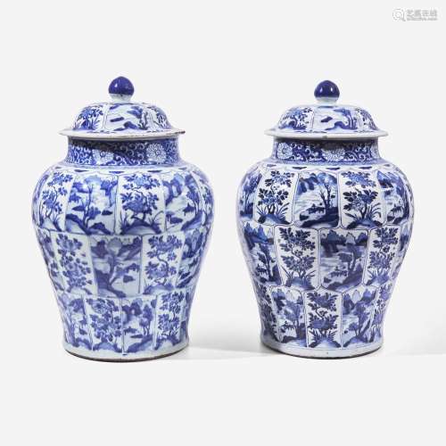 A pair of large Chinese blue and white porcelain jars and co...