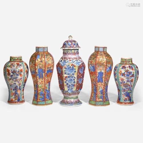 Five assorted Chinese export clobbered porcelain baluster va...