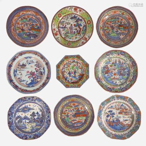 Fourteen assorted Chinese export porcelain clobbered plates ...