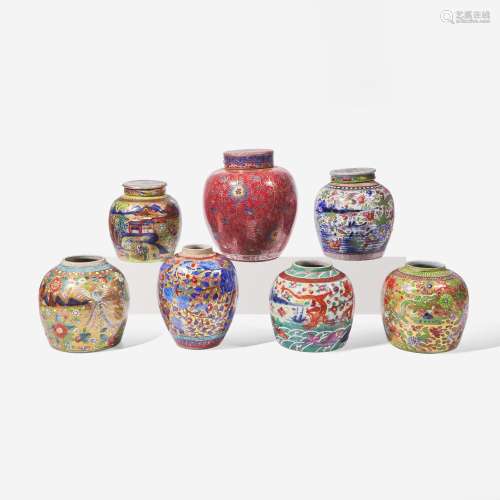 Group of seven assorted Chinese export clobbered porcelain j...