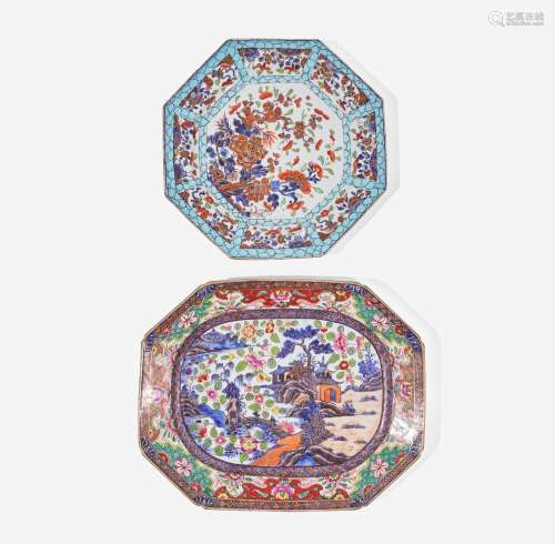 A Chinese export clobbered porcelain octagonal charger and a...