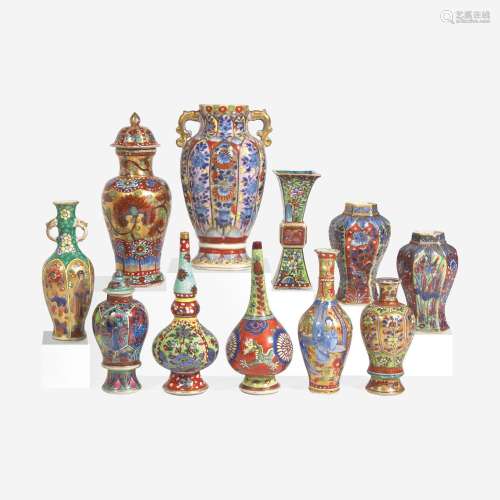 Eleven assorted Chinese export clobbered porcelain small vas...