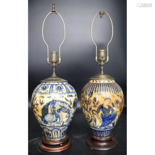 2 Antique Middle Eastern? Porcelain Urns As Lamps.