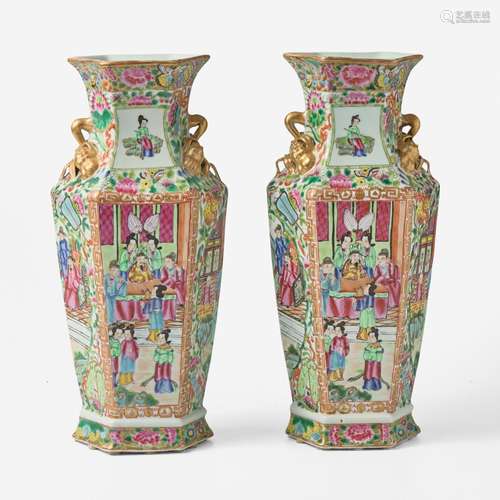 A pair of Chinese "Rose Medallion" hexagonal balus...