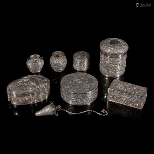 Eight assorted Chinese and Japanese export silver boxes and ...