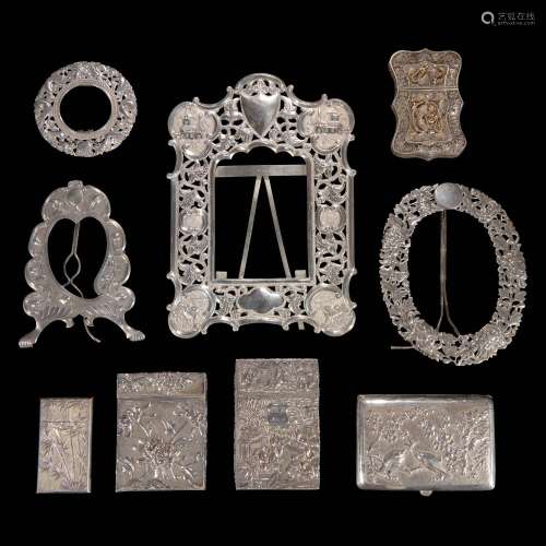 Nine assorted Chinese export silver frames and cases 外销银器...