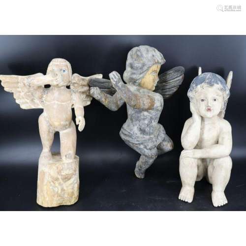 3 Antique Carved Wood Angels / Winged Cherubs.