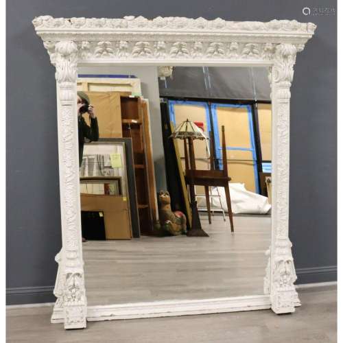 Antique Carved & White Painted Over Mantel Mirror