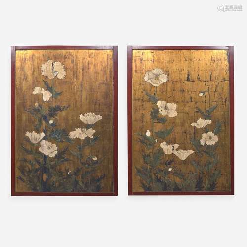 A pair of large Japanese gold-ground "Poppies" pan...