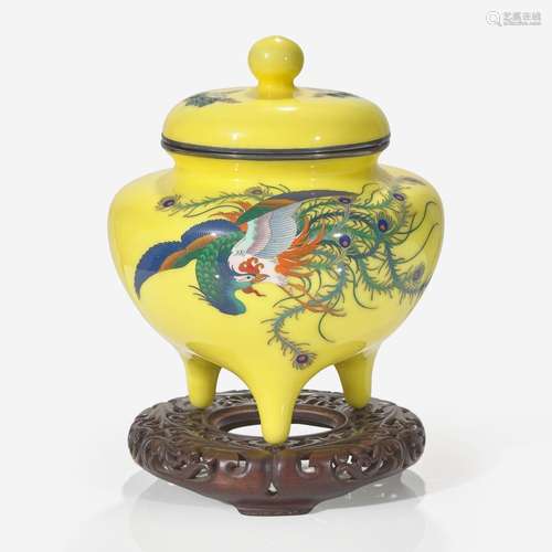 A Japanese cloisonné koro and cover with carved wood stand 日...