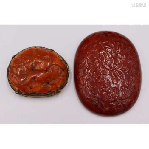 (2) Antique Chinese Carved Amber Plaques.