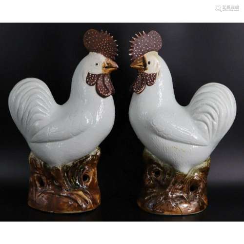 Pair of Chinese White Glazed Models of Cockerels.