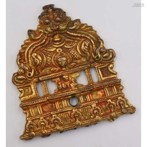 Tibetan Gilt Metal Pendant of a Temple.