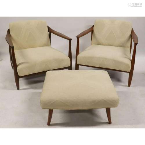 Midcentury Pair Of Arm Chairs & An Ottoman.